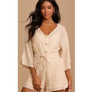 LULUS Weekend At The Beach Tan Striped 3/4 Sleeve Romper